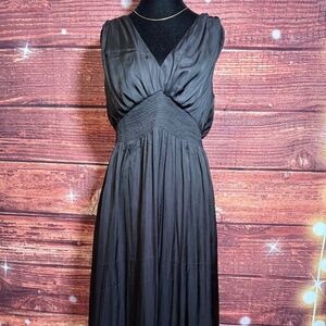 *NWOT* Waist-Defined Tie- Back Satin Maxi Dress. Size L. Black.